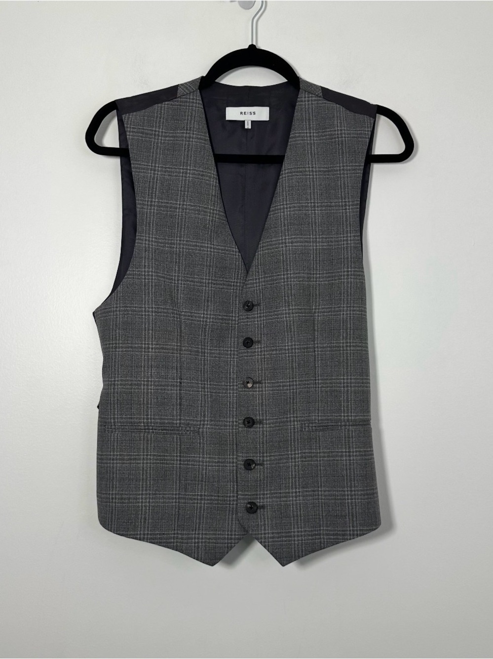 Reiss Men’s Grey Plaid Tailored Waistcoat Vest 38” Chest 32” Waist 100% Wool